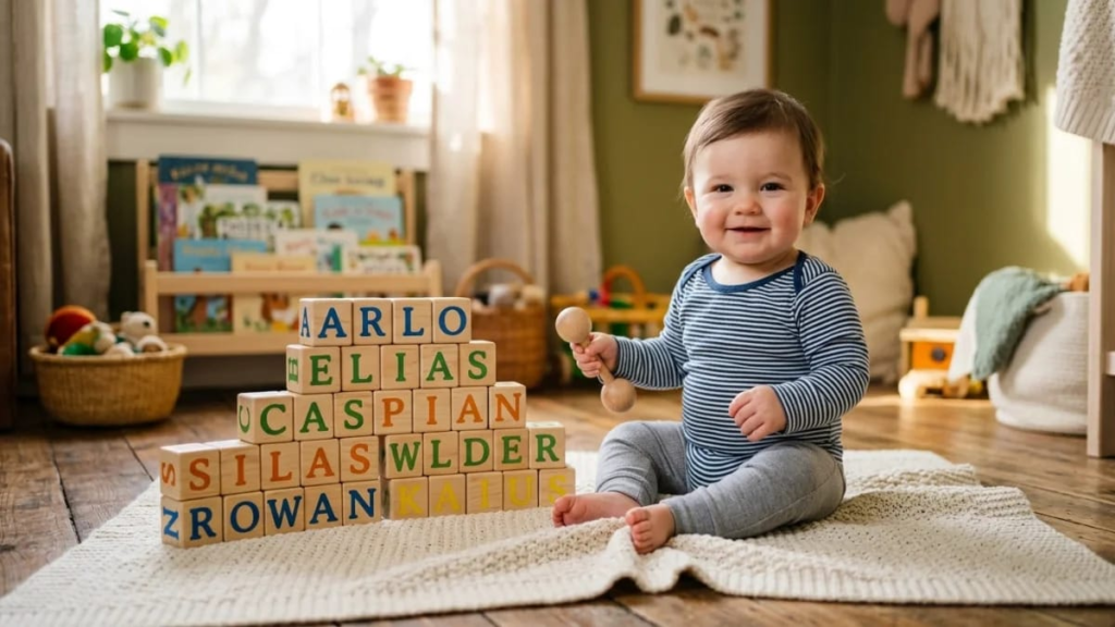 Baby boy sitting beside wooden letter blocks, unique names for boys