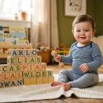 Baby boy sitting beside wooden letter blocks, unique names for boys