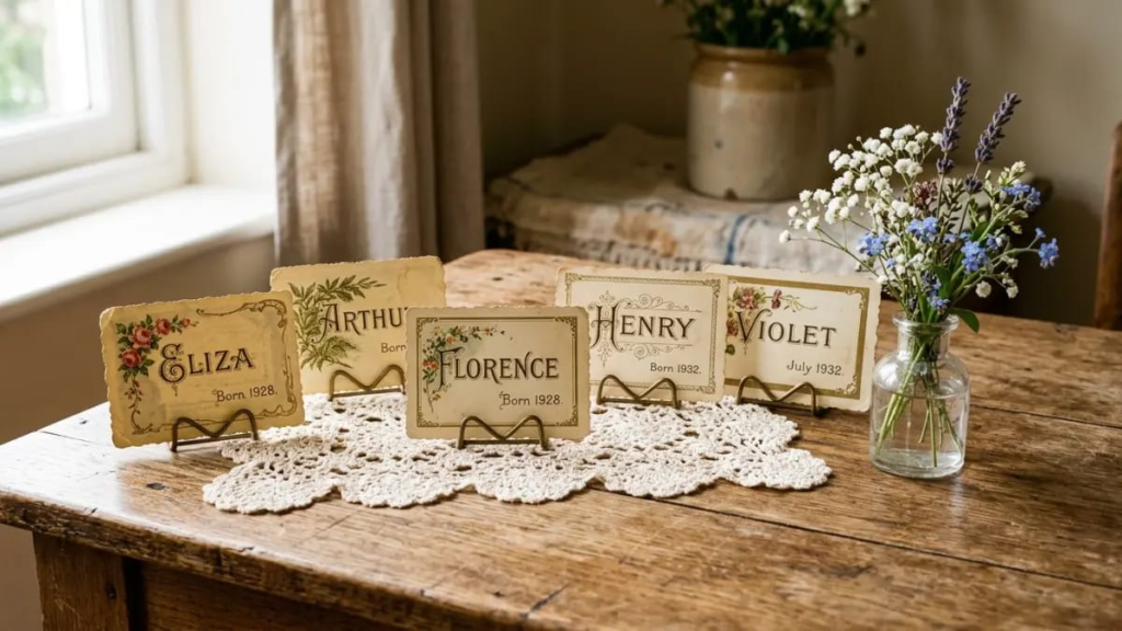 Unique names for boys in Vintage baby name cards on a wooden table beside a small vase