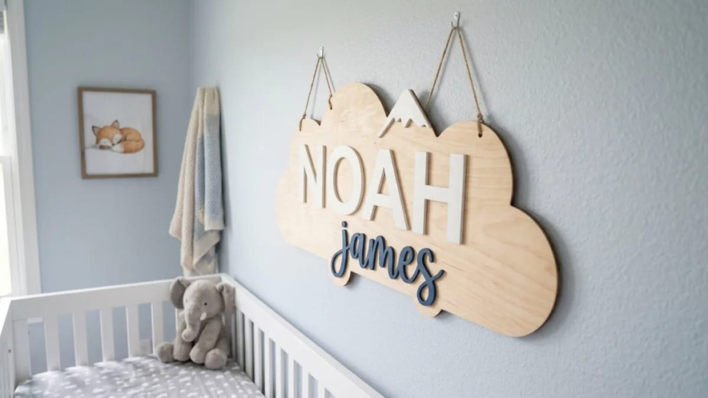 Wooden baby boy name sign hanging on a nursery wall