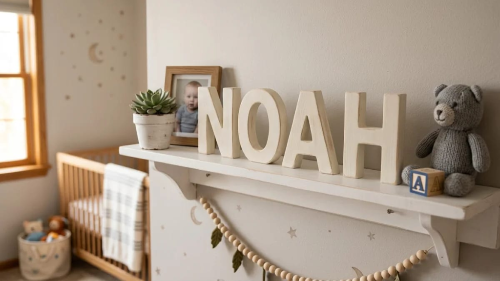 Wooden letters spelling a short boy's name on a white shelf