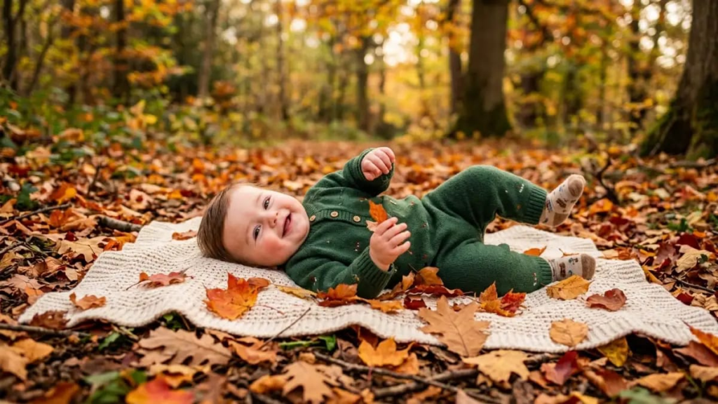Baby boy in a green romper lying on a blanket among autumn leaves