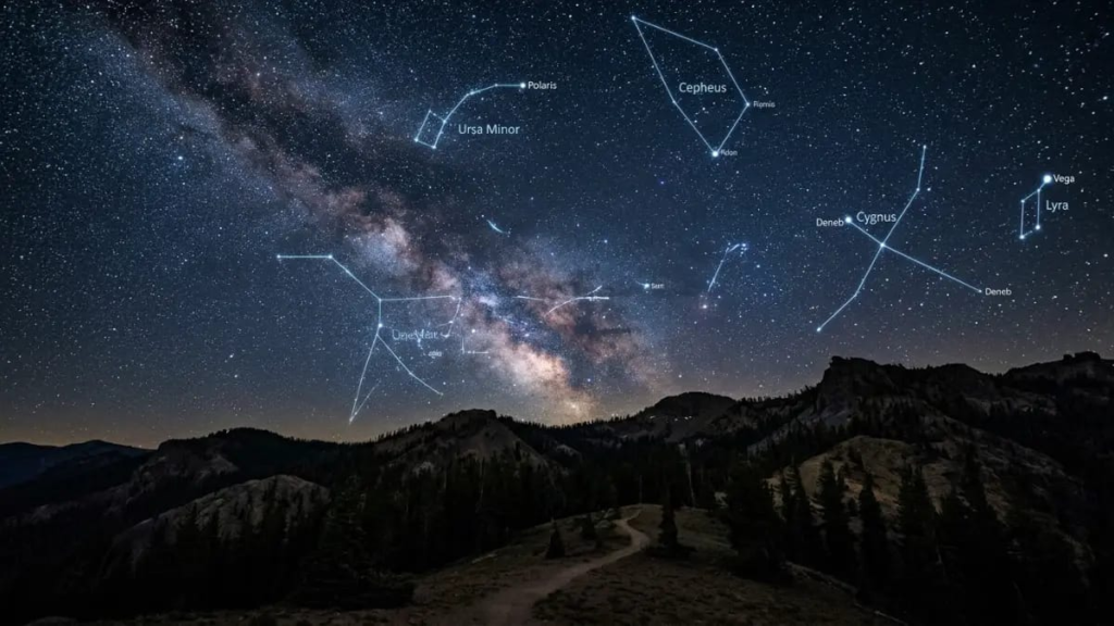 Image 6: Night sky with stars or constellations. Alt text: Night sky with stars and constellation lines over dark hills