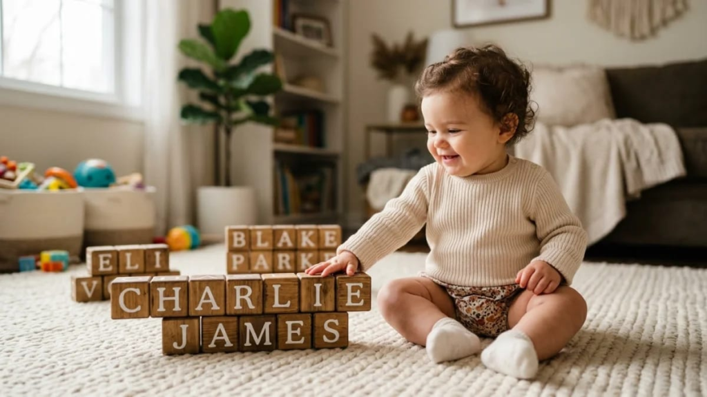 Boy names for girls sitting beside wooden letter blocks, boy names for girls