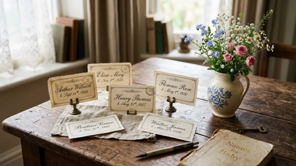 Vintage girl names for boy name cards on a wooden table beside a small vase