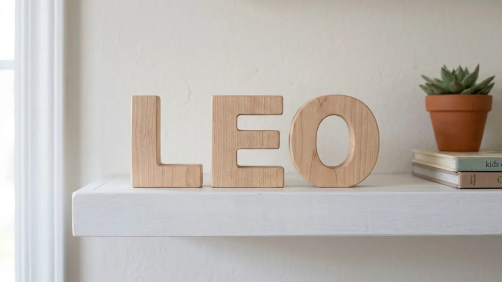 Image 3: Nursery wall with a simple baby girl name sign. Alt text: Wooden baby girl name sign hanging on a nursery wall