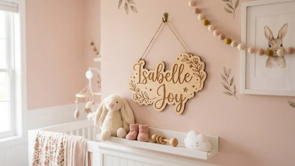 Wooden letters spelling a short name on a white shelf