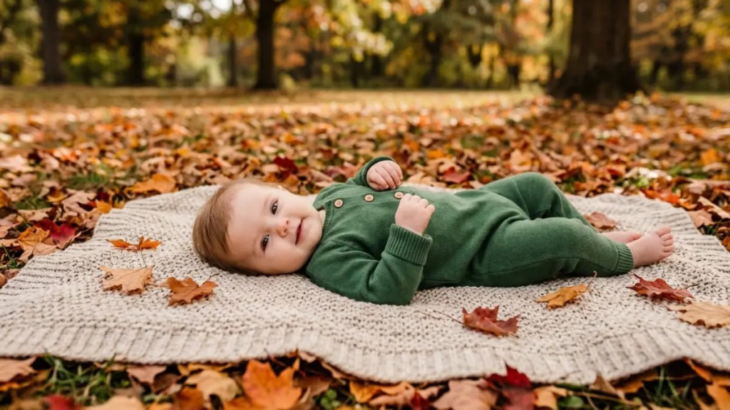 Baby girl in a green romper lying on a blanket among autumn leaves