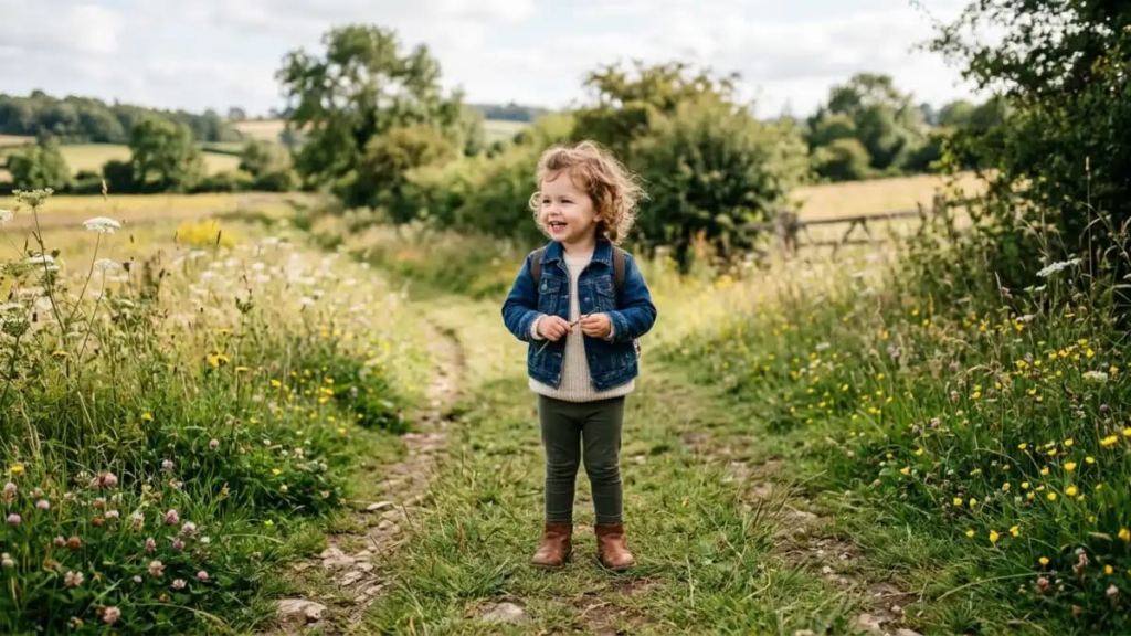 Image 6: Toddler girl in a denim jacket outdoors. Alt text: Toddler girl in a denim jacket standing on a grassy path