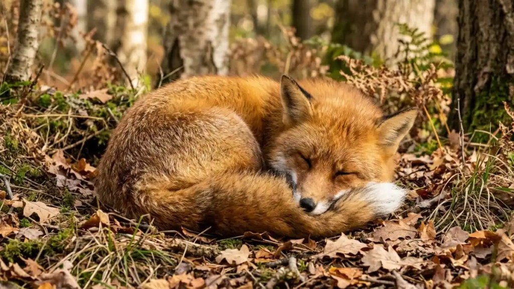 Red fox walking through ferns in a forest.