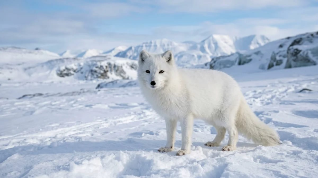 Arctic fox with a white winter coat on snow.
