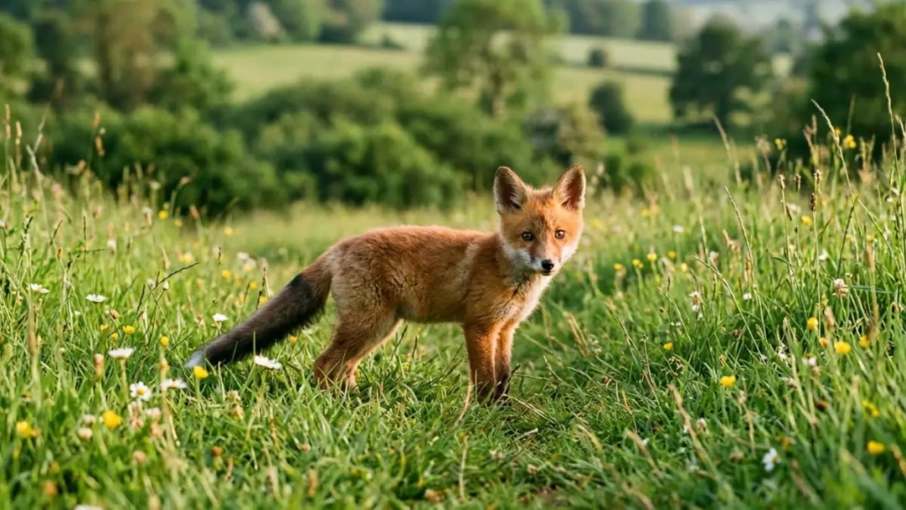 Red fox curled up asleep with its tail around its body.