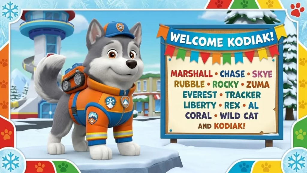 Toy figures of Paw Patrol pups lined up on a shelf, Paw Patrol dog names