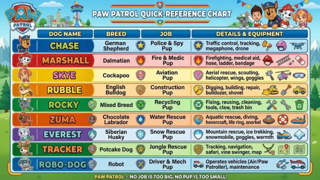 Child pointing at a favorite pup on a poster, Paw Patrol dog names
