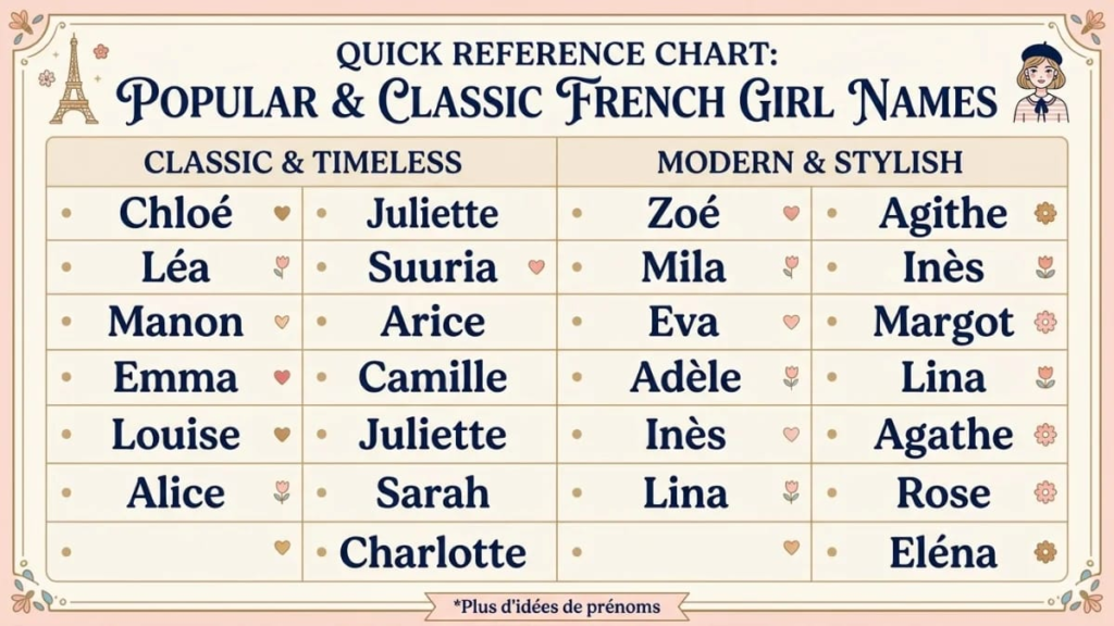 Vintage baby name cards on a wooden table beside a small vase, French names for girls