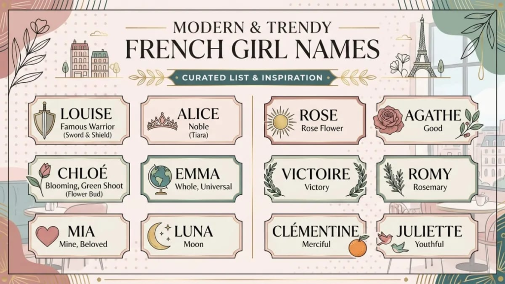 Wooden letters spelling a short girl’s name on a white shelf, French names for girls