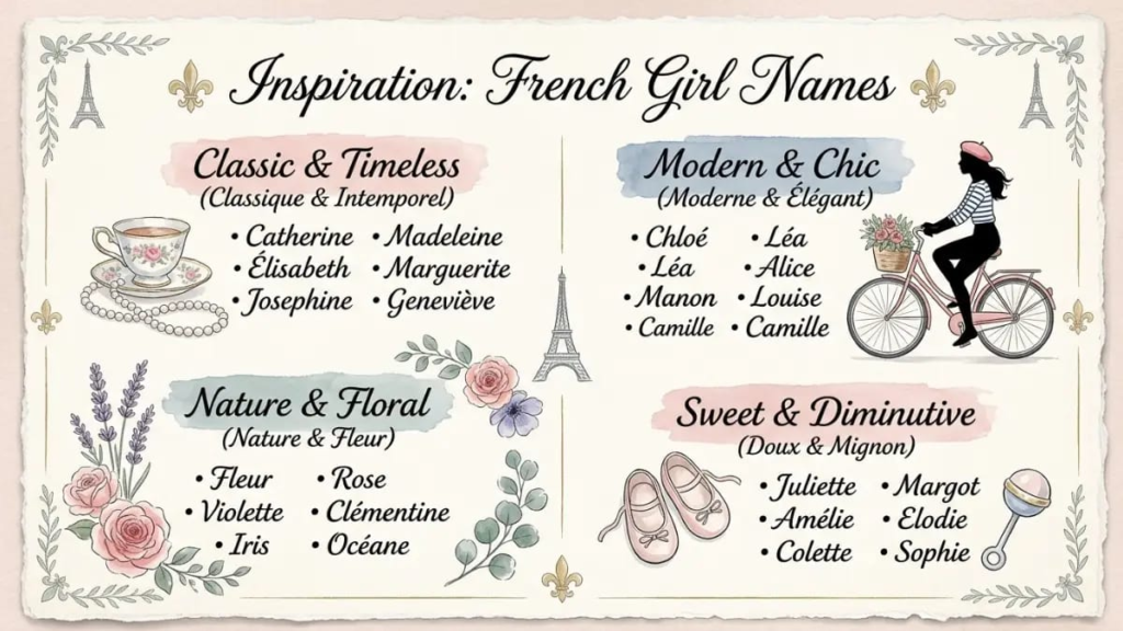 Baby girl in a white dress lying on a blanket among spring flowers, french names for girls