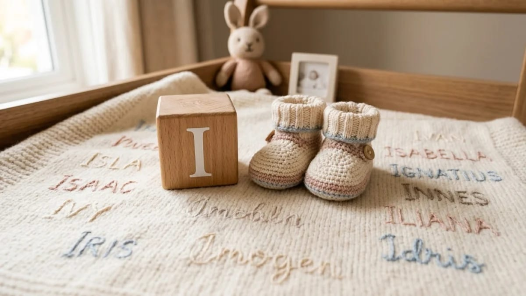 Wooden letter I block beside baby booties on a soft blanket, names that start with I