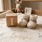 Wooden letter I block beside baby booties on a soft blanket, names that start with I