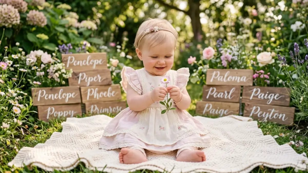 Wooden letter P block beside baby booties on a soft blanket, names that start with P
