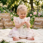 Wooden letter P block beside baby booties on a soft blanket, names that start with P