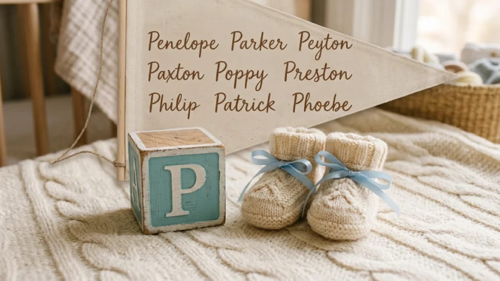 Baby girl in a pastel dress holding a small flower, girl names that start with P