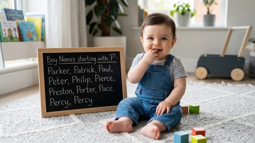 Wooden alphabet blocks spelling a short name on a shelf, short names that start with P