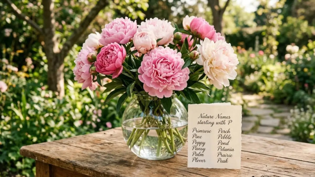 Pink peony flowers in a glass vase on a wooden table, nature names that start with P