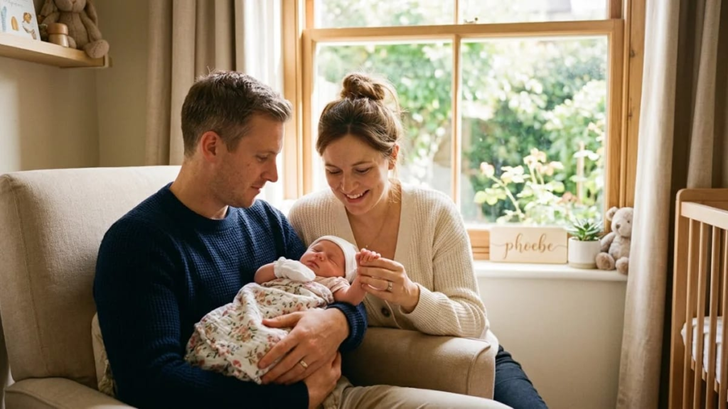 Parents holding a newborn’s hand near a sunny window, names that start with P