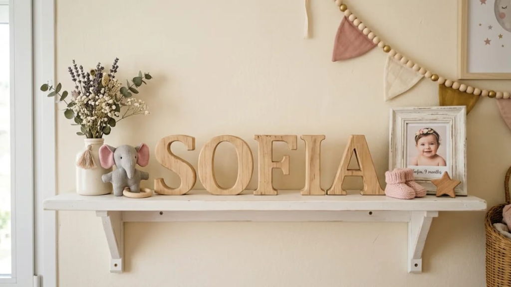Wooden baby girl name sign hanging on a nursery wall, Spanish names for girls