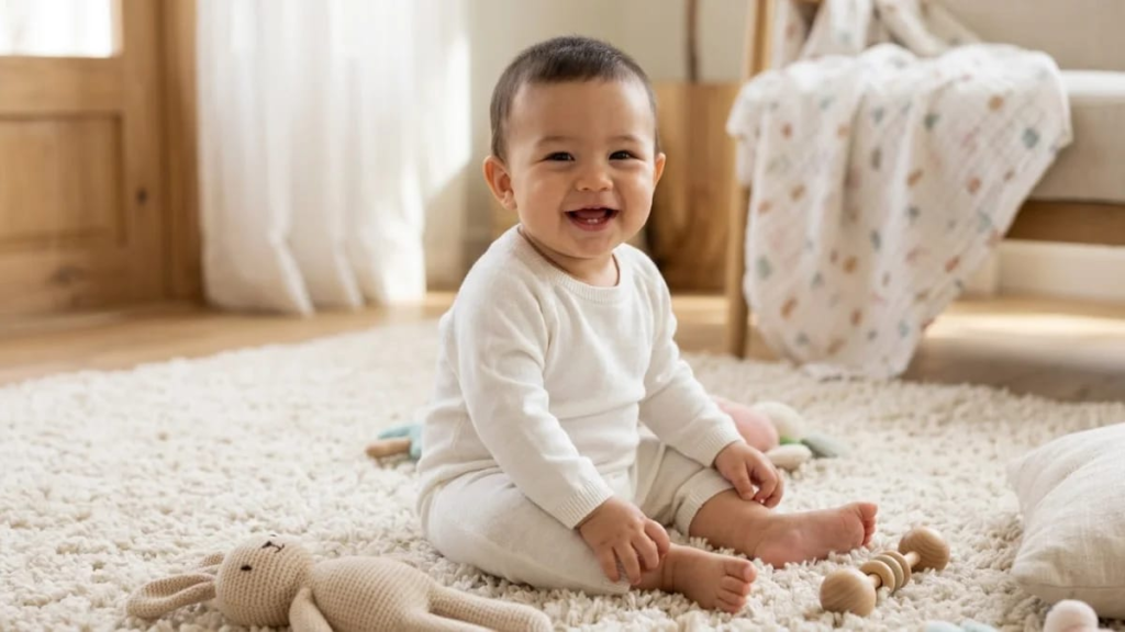 Wooden letter blocks beside baby booties on a soft blanket, Arabic boy names