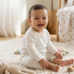 Wooden letter blocks beside baby booties on a soft blanket, Arabic boy names