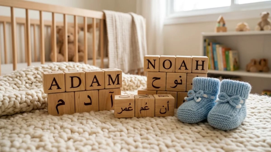 Baby boy in a white outfit smiling on a soft rug, popular Arabic boy names
