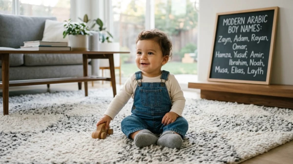 Baby boy in blue overalls sitting on a rug, modern Arabic boy names