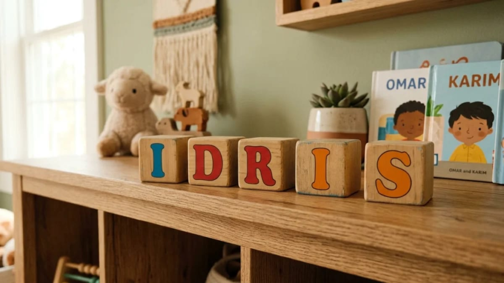 Wooden alphabet blocks spelling a short name on a shelf, short Arabic boy names