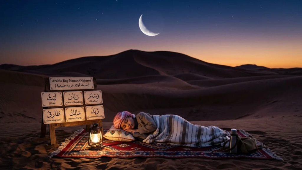 Crescent moon over calm desert dunes at dusk, nature Arabic boy names