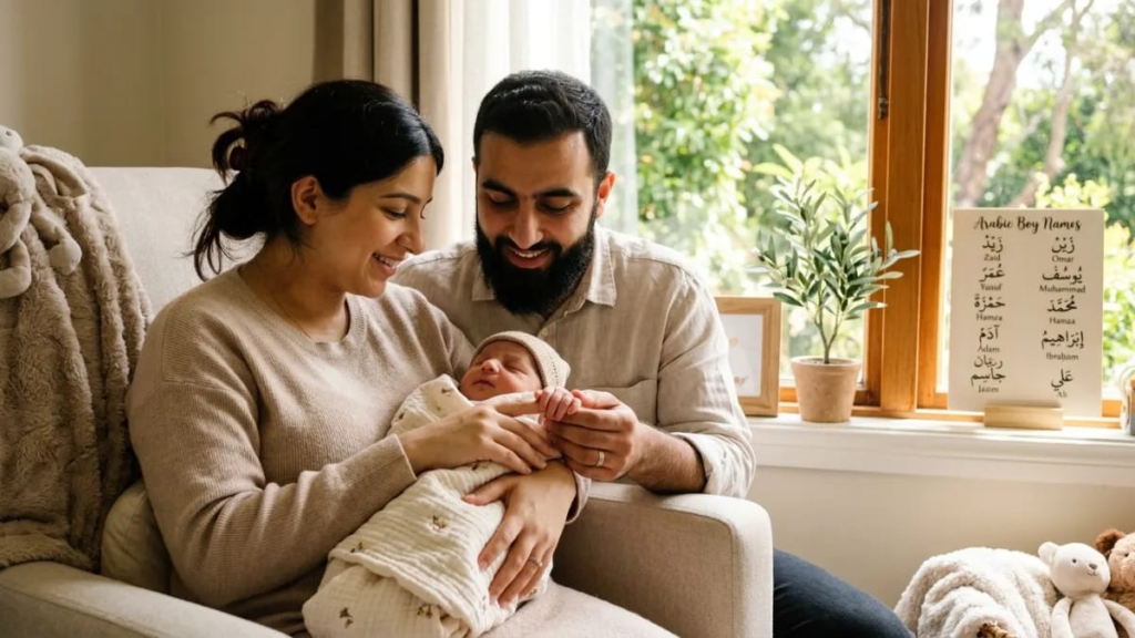 Alt text: Parents holding a newborn's hand near a sunny window, Arabic boy names