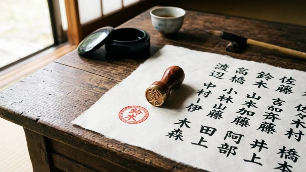 Red hanko name seal beside paper with kanji, common Japanese last names