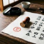 Red hanko name seal beside paper with kanji, common Japanese last names