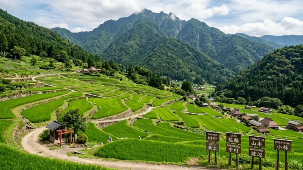 Green rice terraces below a mountain, nature common Japanese last names