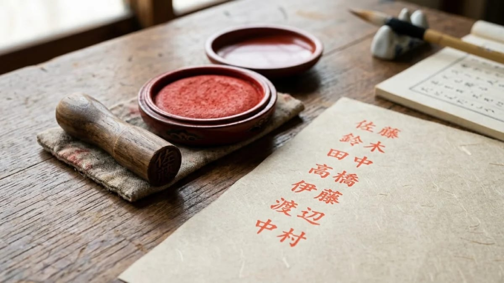 Wooden name stamp beside an ink pad, short common Japanese last names