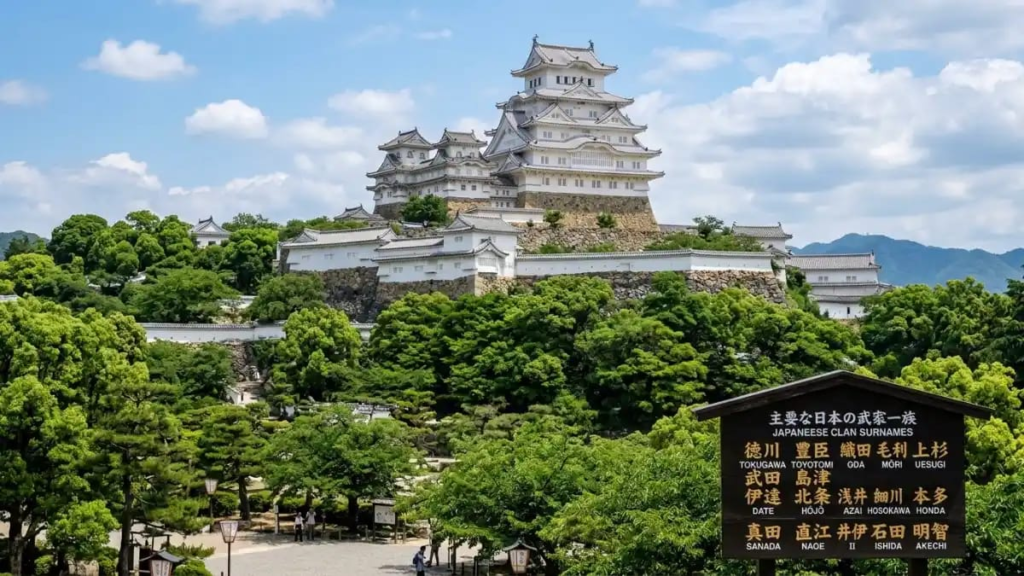 White Japanese castle above green trees, Japanese clan surnames