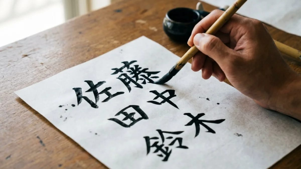 Hand writing kanji with a brush on paper, common Japanese last names