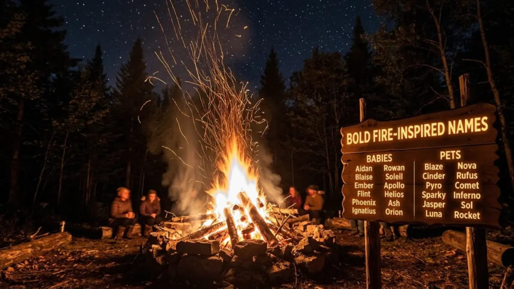 Campfire burning at dusk with sparks rising, a setting that inspires fire names