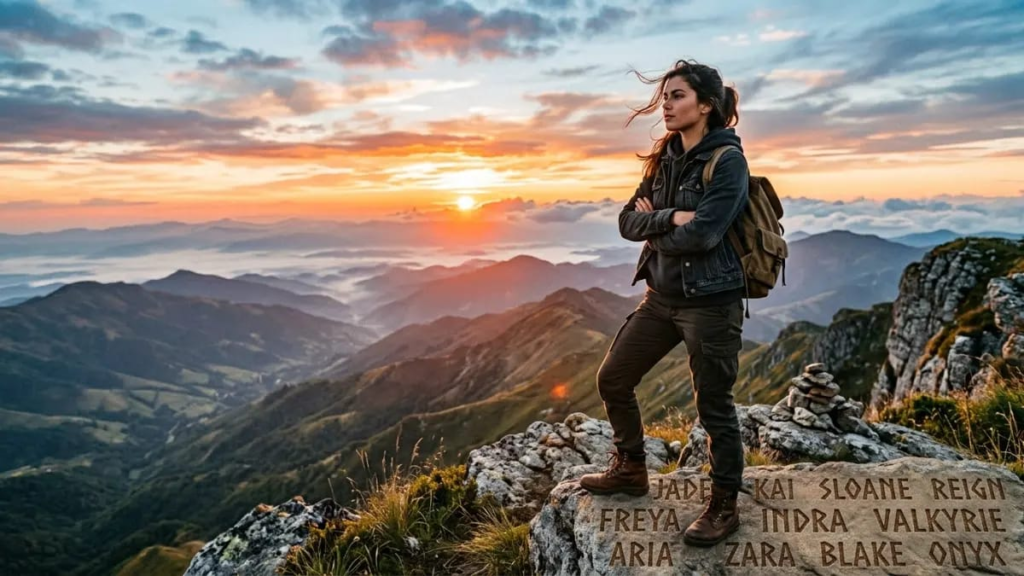 Girl standing confidently on a hilltop at sunrise, representing badass girl names