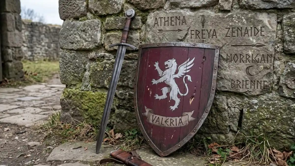 Sword and shield resting against a stone wall, symbolising warrior badass girl names