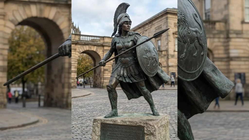 Bronze statue of a woman warrior holding a spear, inspiration for badass girl names from history