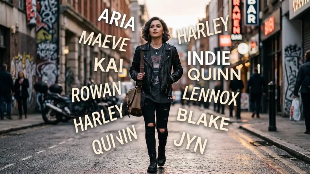 Young woman in a leather jacket walking down a city street, modern badass girl names