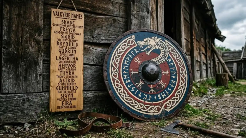 Viking-style painted shield leaning on a wooden wall, Norse-inspired badass girl names