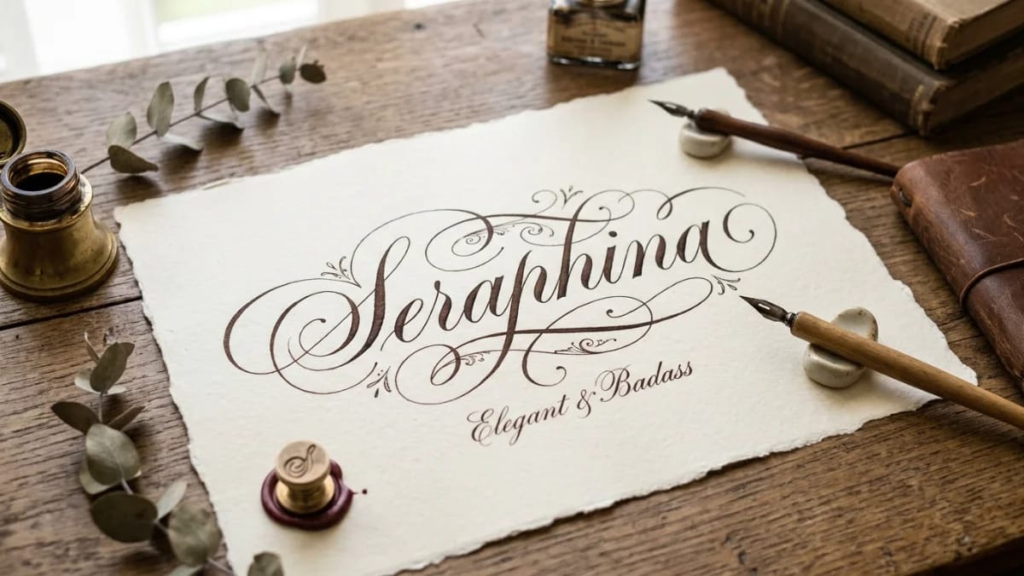 Elegant calligraphy of a girl name on cream paper, long and elegant badass girl names